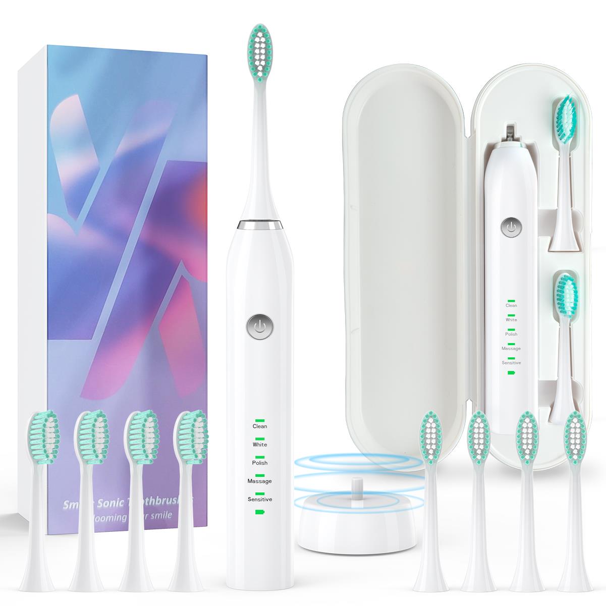 Sonic Electric Toothbrush with 8 Brush Heads & Travel Case，5 Modes, One Charge for 45 Days