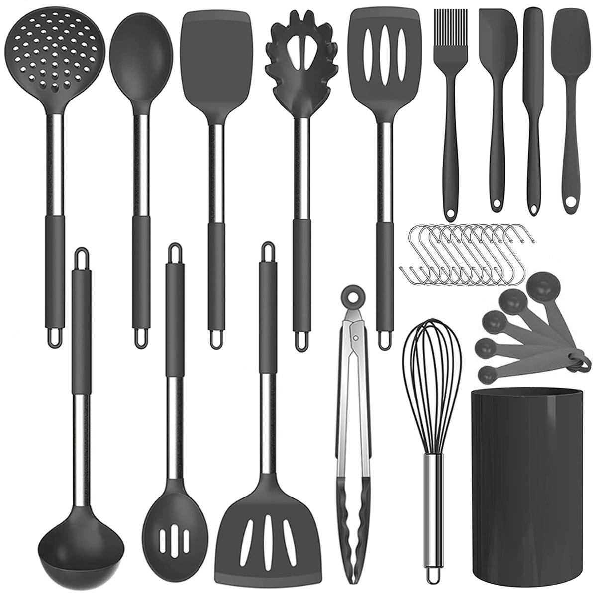 7-Piece Silicone and Bamboo Kitchen Utensils Set with Holder for Cooking,  Virtually Non-Stick, with Ladle, Slotted Turner, Slotted Spoon, Serving