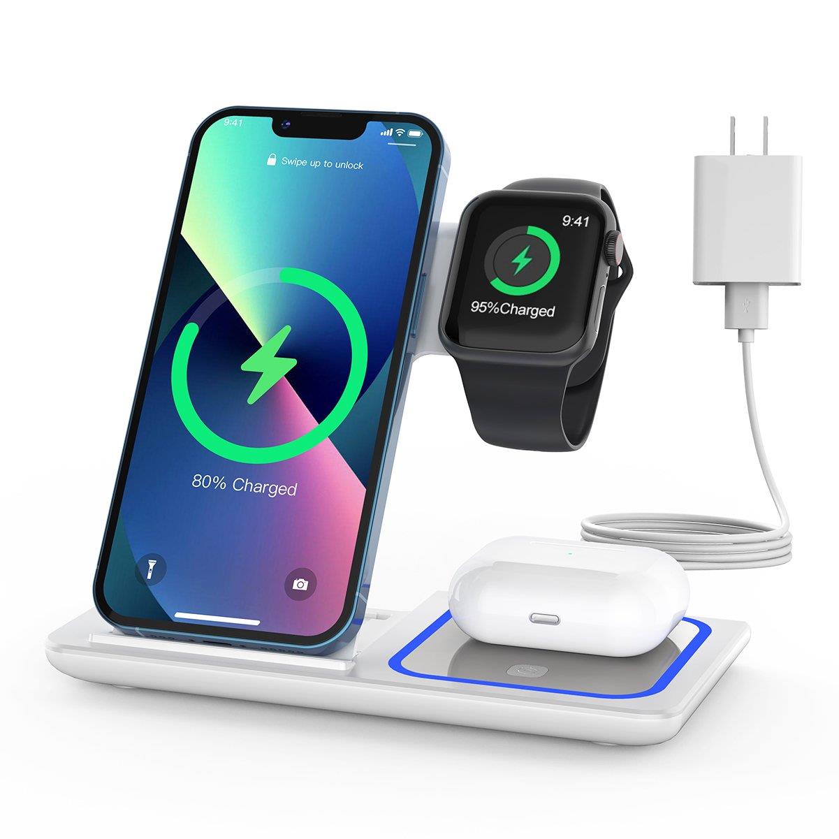 Wireless Charger, 3 in 1 Qi-Certified Fast Charging Station