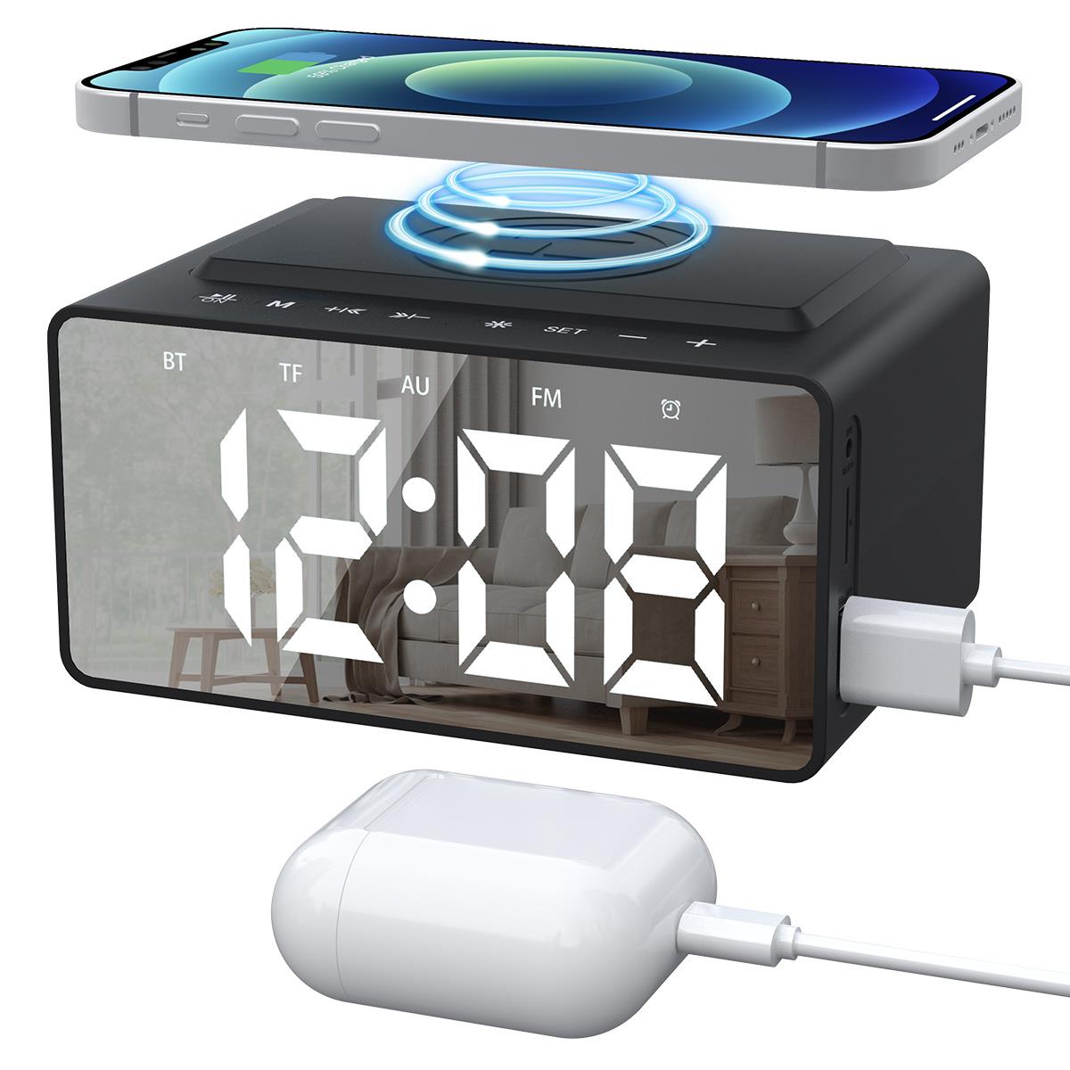 Alarm Clock Radio with Wireless Charging & USB Port, Bluetooth Speaker