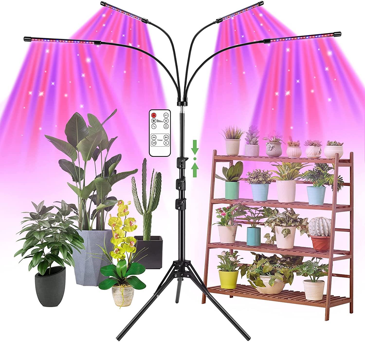 4-Head LED Grow Light for Indoor Plants with Stand, Full Spectrum Plant Light w/ Dual Remote Control