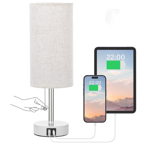Bedside Lamp, Pull Chain Table Lamp with 2 USB Charging Ports