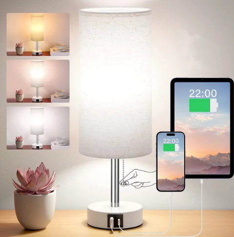 Table Lamp with 2 USB Charging Ports and Fabric Linen Lampshade Silver Base