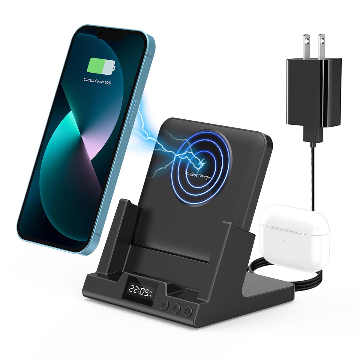 Wireless Charger, 4 in 1 Fast Wireless Charging Station W/ Alarm Clock