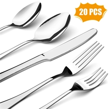 20 Pieces Silverware Set with Serving Set, Stainless Steel Modern Flatware, Service for 4, Silver