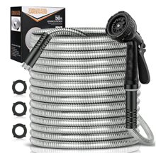 50FT Metal Garden Hose, 304 Stainless Steel Heavy Duty Water Hose W/ 10 Function Nozzle