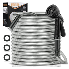 25FT Metal Garden Hose, 304 Stainless Steel Heavy Duty Water Hose W/ 10 Function Nozzle