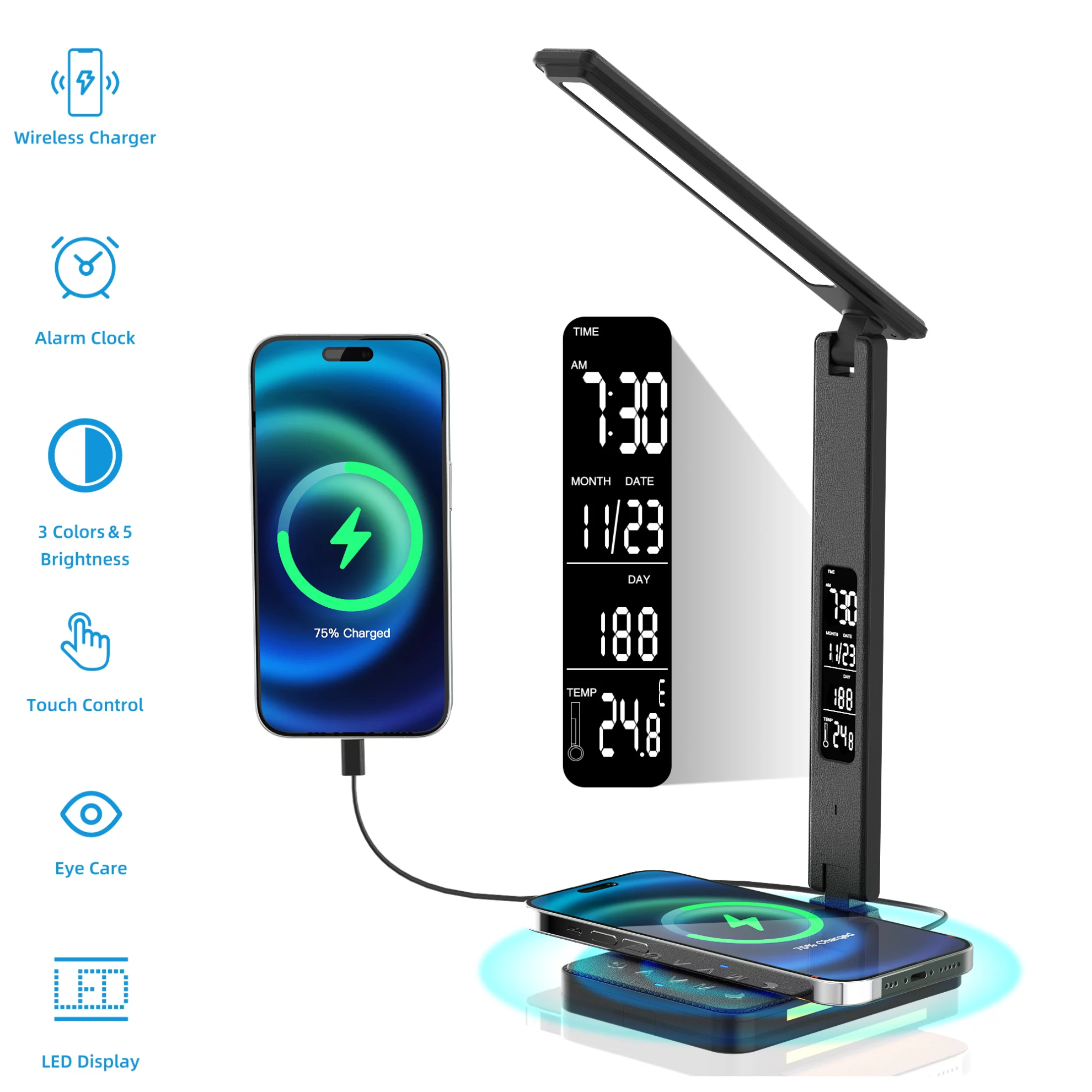 Desk Lamp, LED Lamp with Wireless Charger, Table Lamp with Clock, Alarm