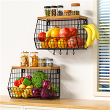 2 Pack Stackable Fruit Basket with Wood Lid for Kitchen Counter