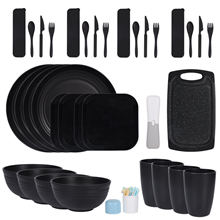 35 Pieces Wheat Straw Dinnerware Sets for 4, Plates and Bowls Sets, Black