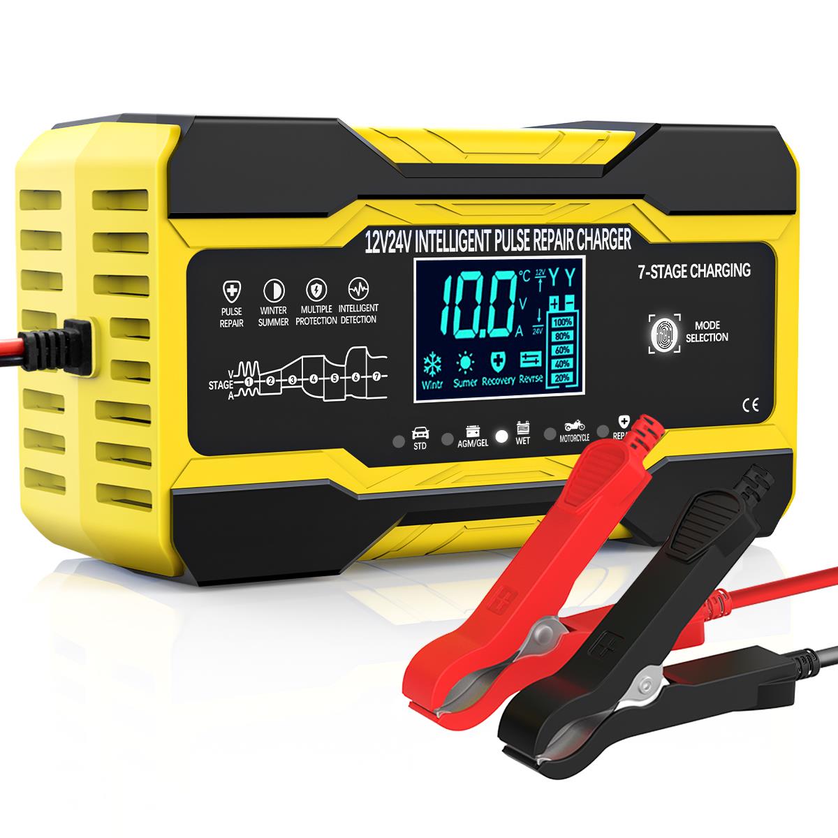 10-Amp Car Battery Charger, 12V and 24V Smart Fully Automatic Battery Trickle Charger Maintainer