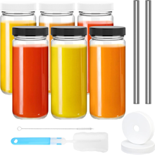 16 OZ Glass Juice Bottles With 6 Straws & 6 Lids With Hole & 1 Airtight Lids & Brush