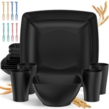 24 Pcs Wheat Straw Square Dinnerware Sets For 4, Black