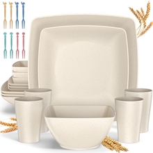 24 Pcs Wheat Straw Square Dinnerware Sets For 4, Beige