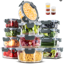 34-Piece Glass Food Storage Container Set, Gray
