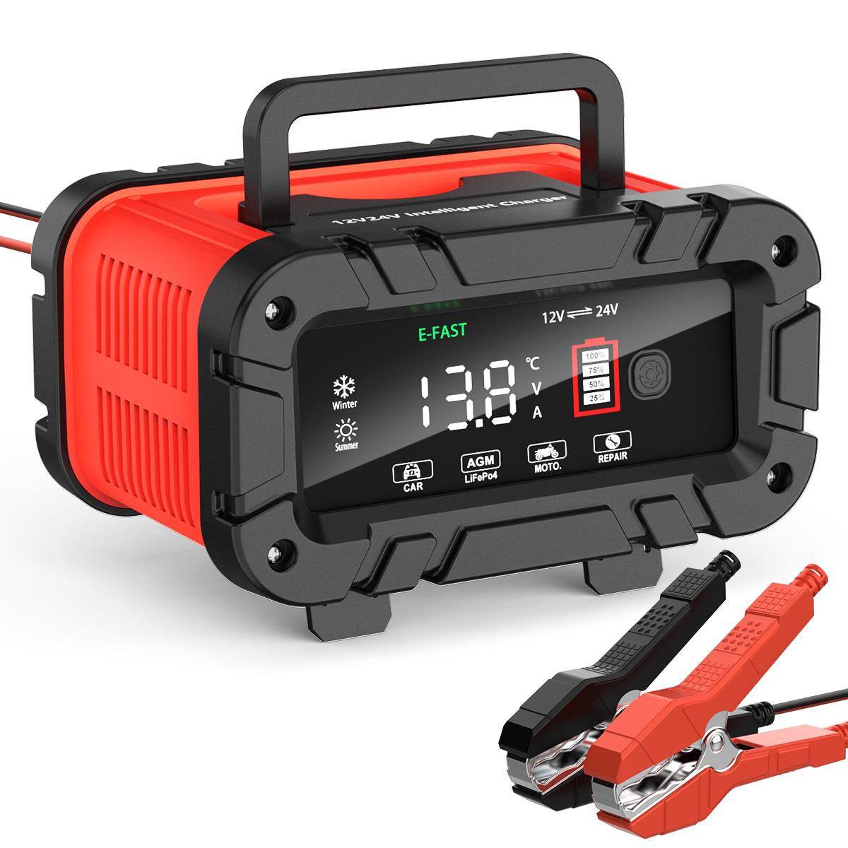 12V 24V Battery Charger, 20-Amp Portable Car Battery Charger