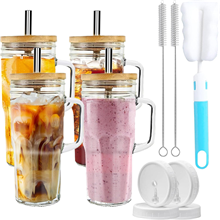 25 oz Glass Cups with Bamboo Lids and Straws, 4 Pack Glass Tumbler with Handle