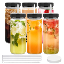 GPED 6 Pack Glass Juice Bottles with 6 Straws & 6 Lids with Hole & 6 Airtight Lids & Brush
