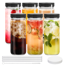 GPED 16 oz Glass Juice Bottles With 6 Straws & 6 Lids With Hole & 6 Airtight Lids & Brush