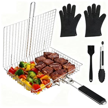 Folding Grill Basket for Fish Vegetables Shrimp with Removable Handle