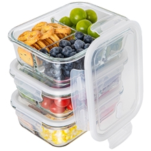 Glass Food Storage Container with Lids, 3 Pack 34 Oz, 1 & 2 & 3 Compartment