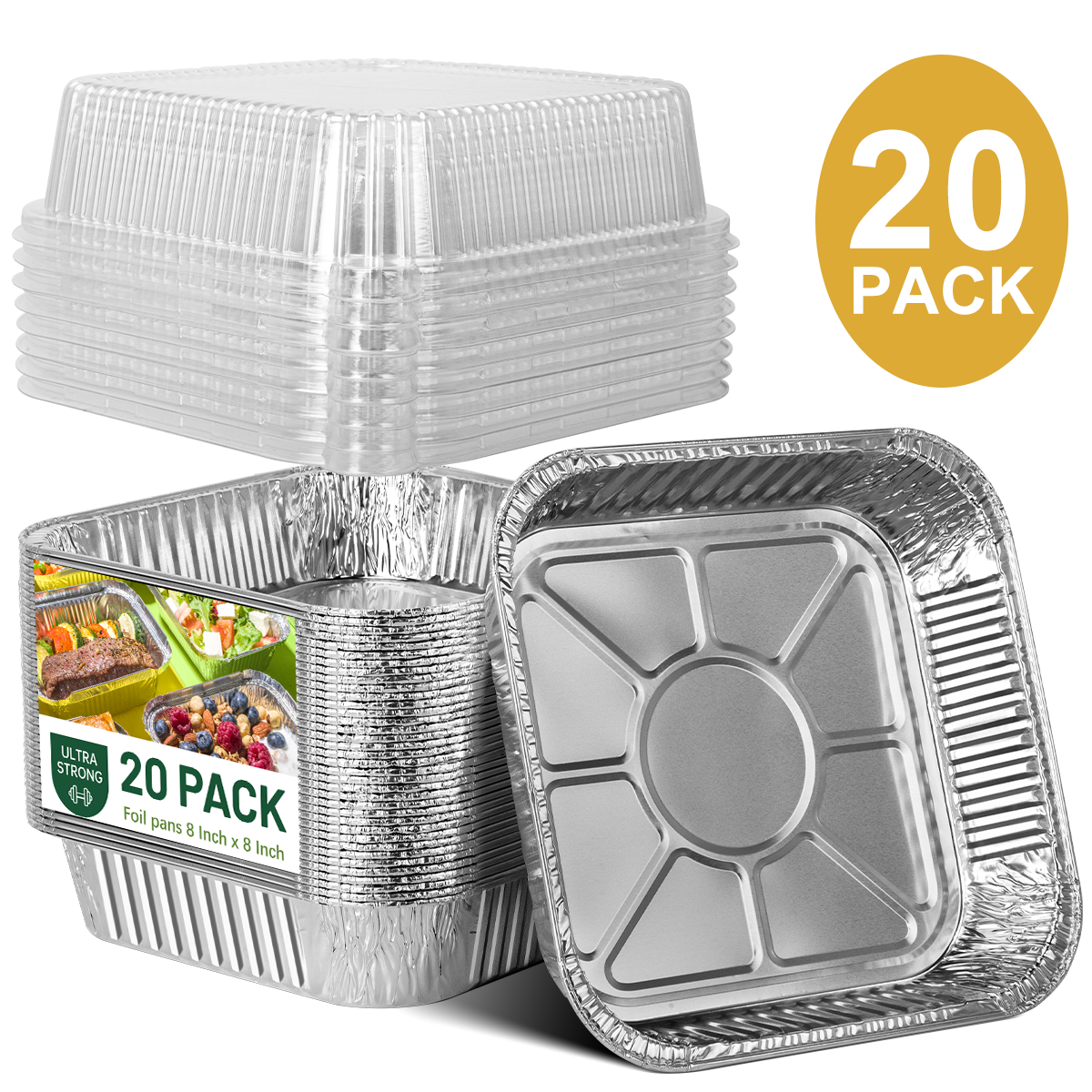 GPED 8x8 Square Aluminum Pans with Clear Plastic Lids [20 Pack], Foil Pans