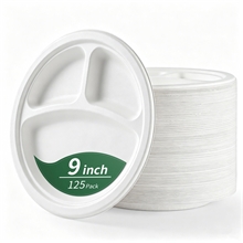 3 Compartment Paper Plates, 9 Inch 125-Pack Heavy Duty Disposable Plates, White
