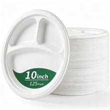 3 Compartment Paper Plates, 10 Inch 125-Pack Heavy Duty Disposable Plates, White