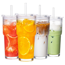 GPED 25 oz Ribbed Glass Tumblers, 4 Pack Glass Cups with Lids and Straws