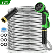 25ft Garden Hose, Metal Stainless Steel Water Hose w/ 10 Functional Nozzles