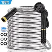 100ft Metal Garden Hose, Stainless Steel Water Hose with 10 Function Nozzles