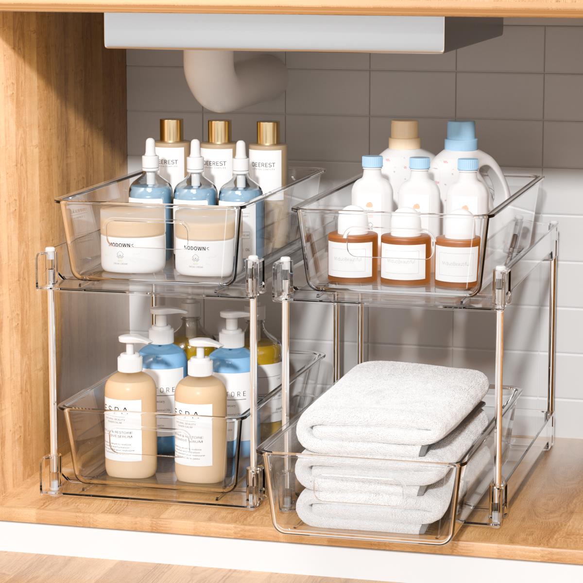 2-Tier Clear Under Sink Organizers and Storage, 2 Pack Pull-Out Cabinet Organizer